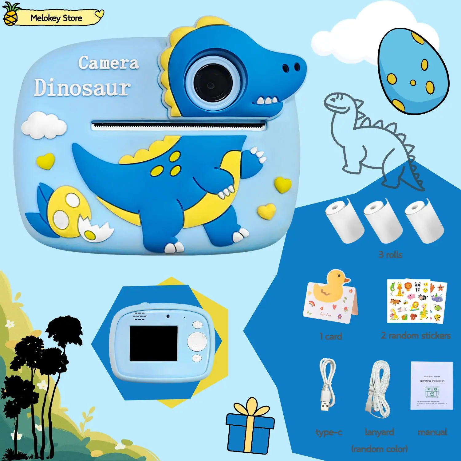 Appareil photo numérique pour enfants coffret cadeau anniversaire dinosaure bleu accessoires incluts éducatif 