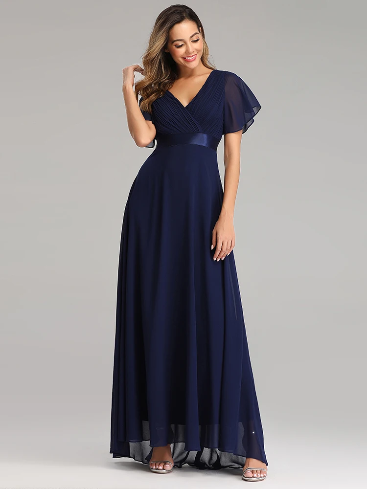XUCTHHC – Robe De soirée élégante en mousseline De soie, col en v, à volants - Navy Blue