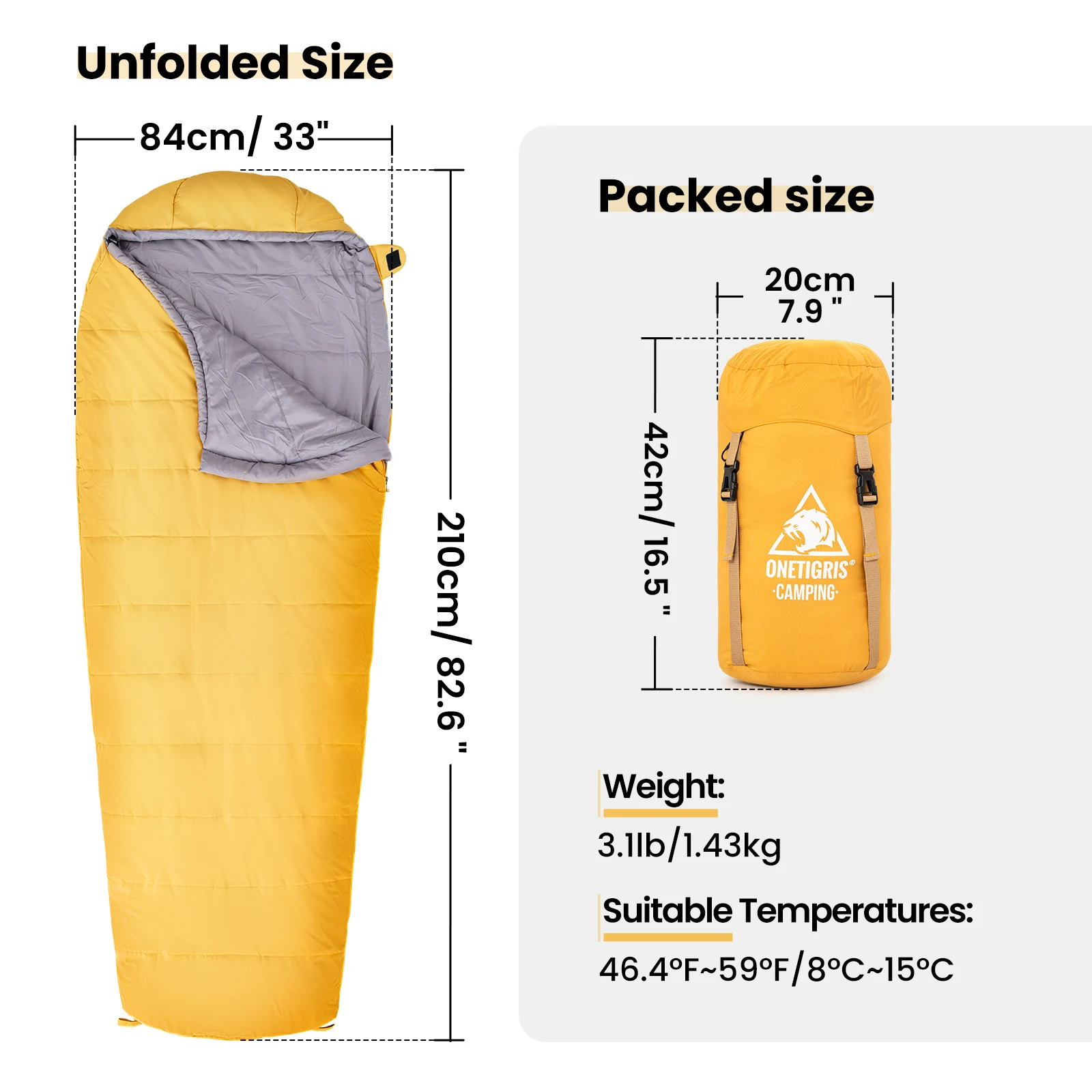 Sac de couchage ONETIGRIS camping randonnée survie portable jaune coton printemps automne confort compact lége