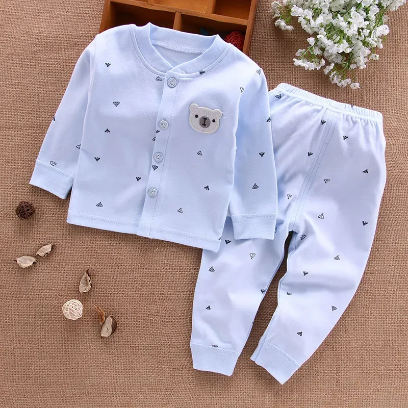 Ensemble vêtements bébé 100% coton doux veste à boutons et pantalon élastique motifs triangulaires bleu clair 