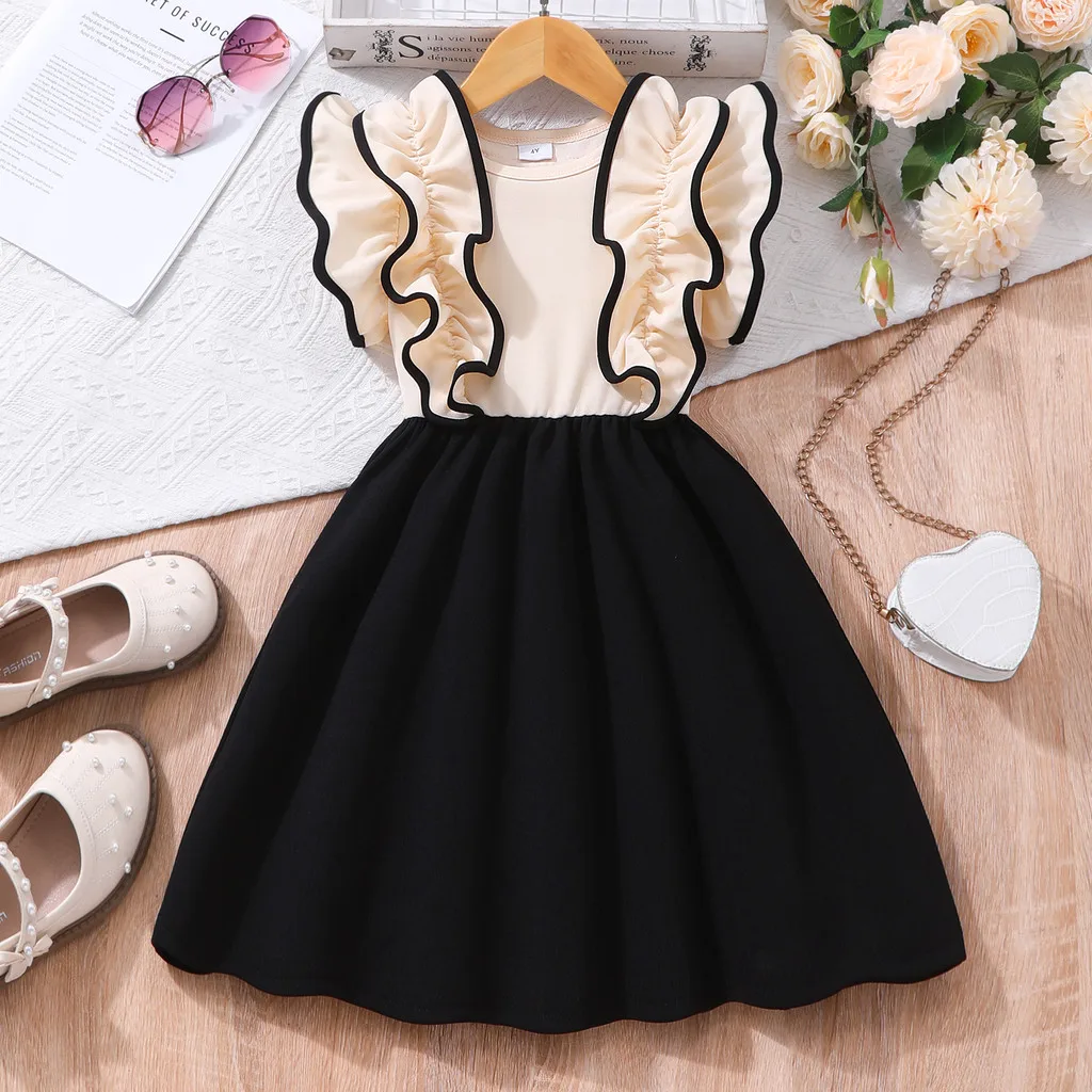 Robe d'été élégante pour enfant fille crème et noire volants tissu doux occasion spéciale 37 ans