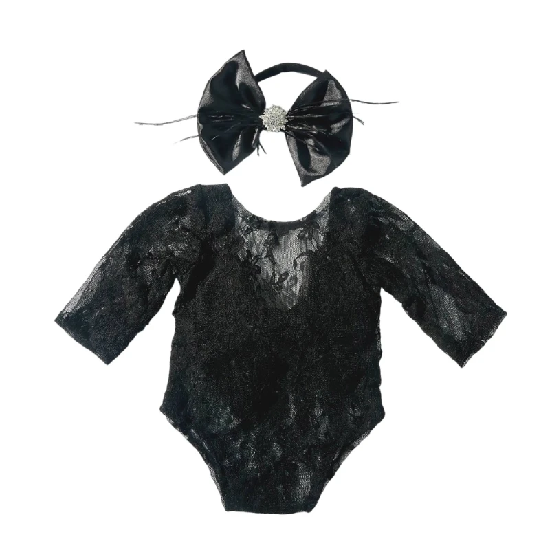 Barboteuse en dentelle noire pour bébé avec bandeau accessoire photo bébé nouveauné style élégant doux et conf