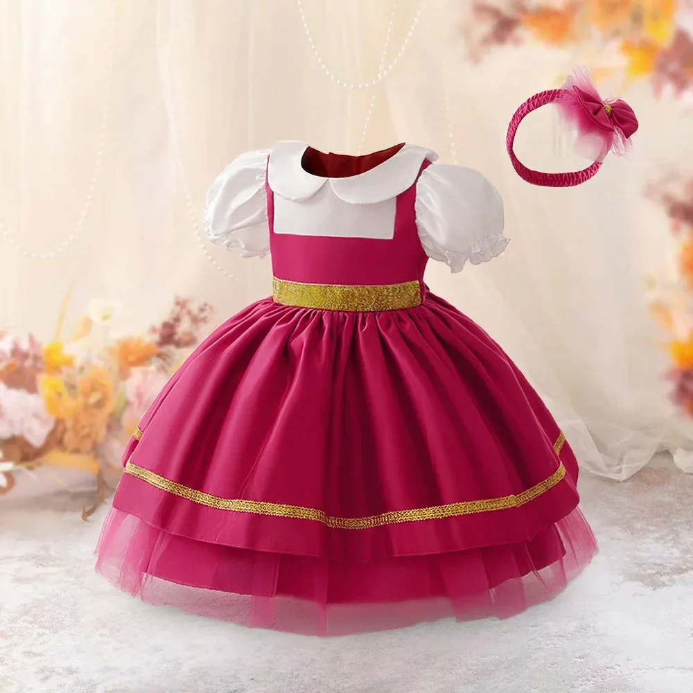 Robe de baptême princesse pour bébé fille rose vif robe de fête avec ceinture dorée style vintage occasion spé