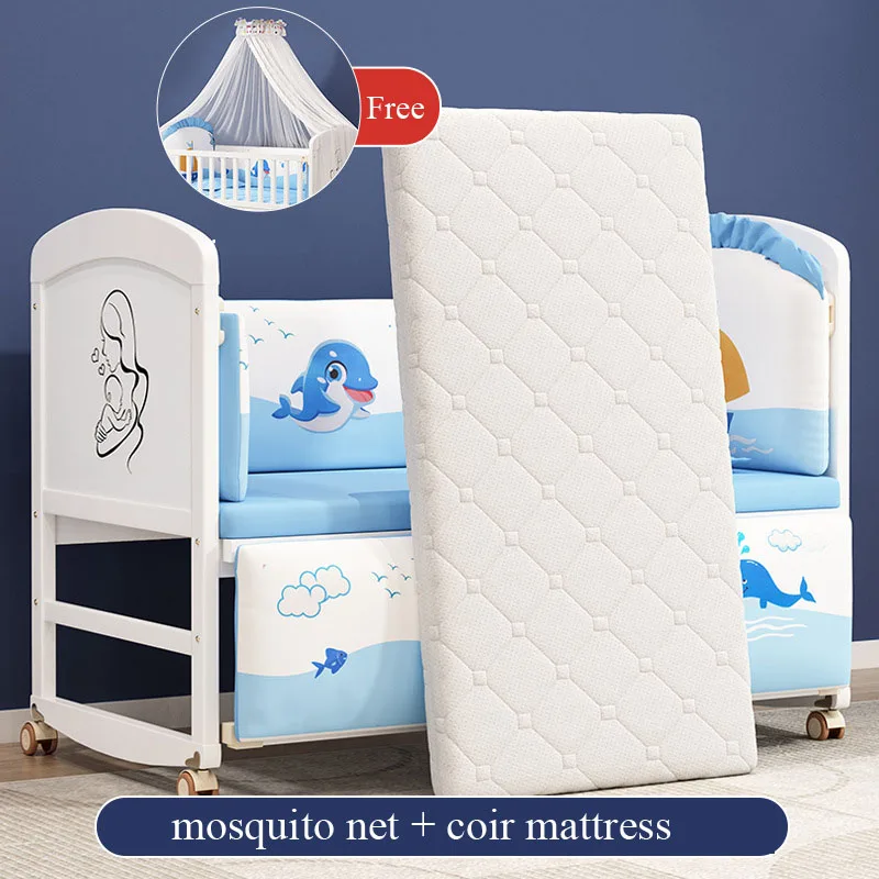 Ensemble complet de berceau de bébé en bois blanc : comprend moustiquaire, literie et matelas en latex naturel
