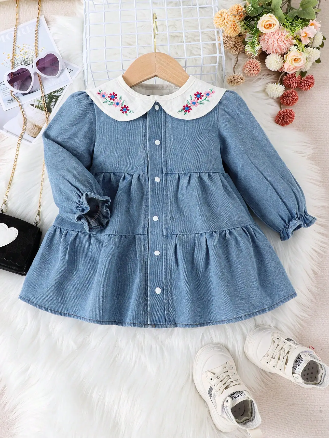 Robe en denim à manches longues pour bébé fille col brodé de fleurs confortable loisirs vacances printemps aut