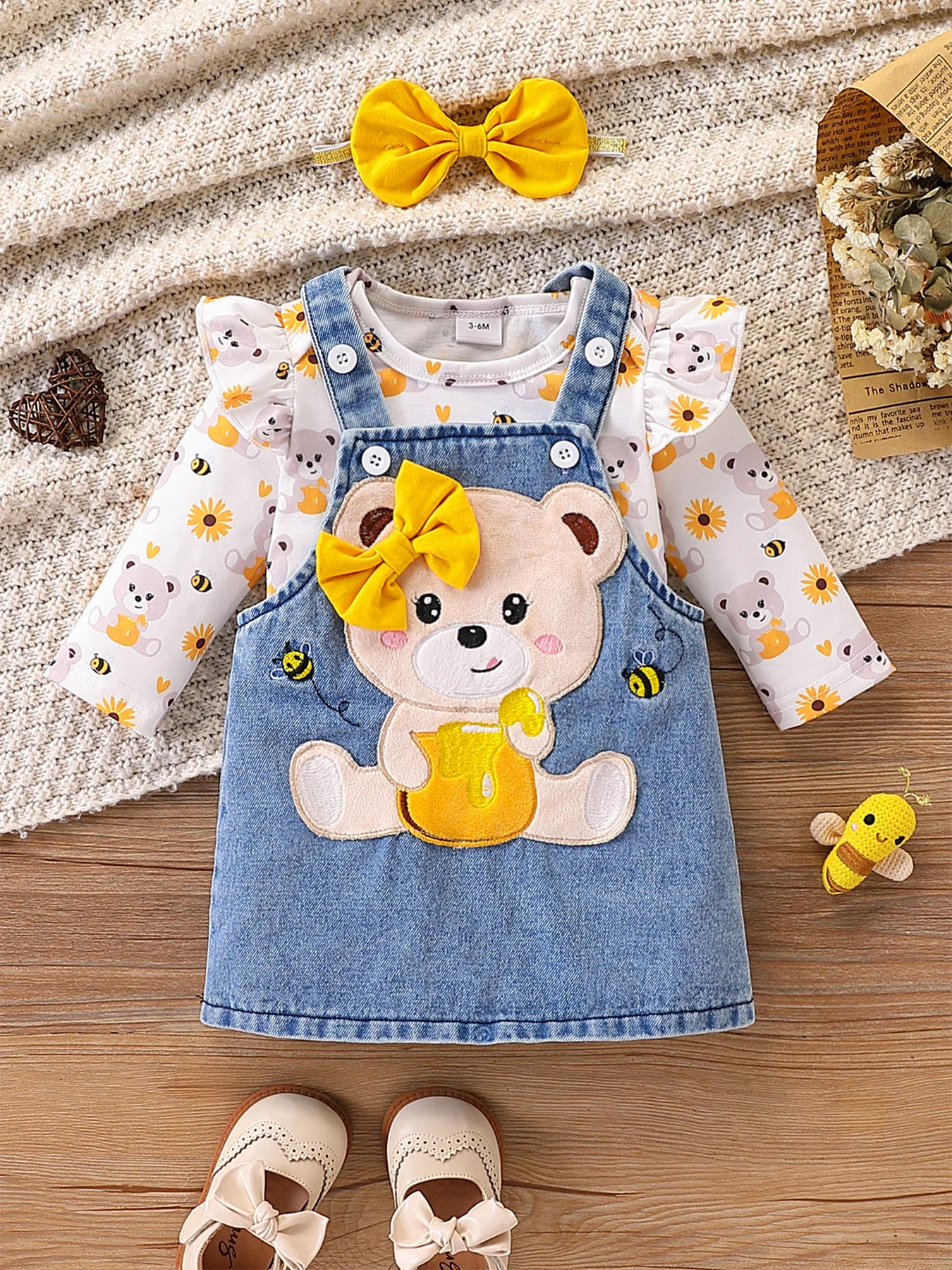 Ensemble robe en jean bébé fille ours miel body tournesol nœud