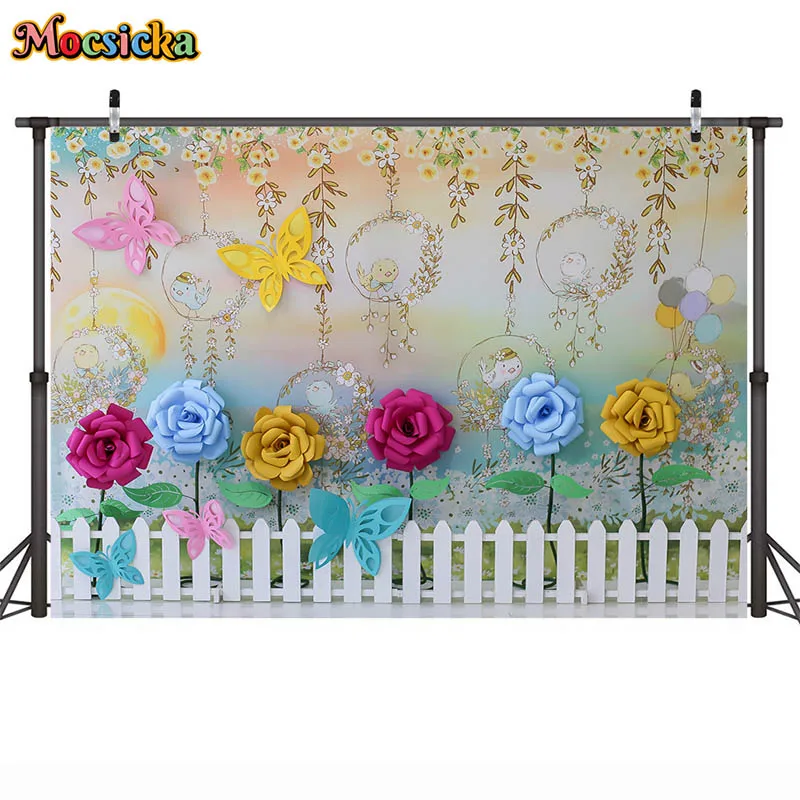Toile de fond de clôture de dessin animé pour la douche de bébé, arrière-plan de photographie de maternelle po