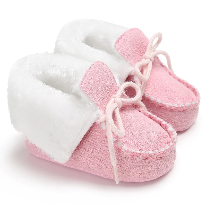 Chaussons bébé premiers pas souliers intérieur antiglissant fourrure synthétique rose pastel confortable nouve