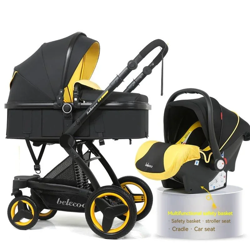 Poussette 3 en 1 Belecoo X6 siège auto incl. nacelle ajustable pliable design moderne noire jaune bé
