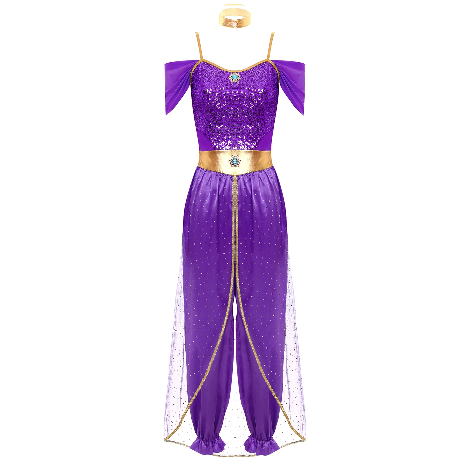 Costume princesse arabe pour femmes fête Halloween danse spectacle style conte de fées couleur violet doré pai
