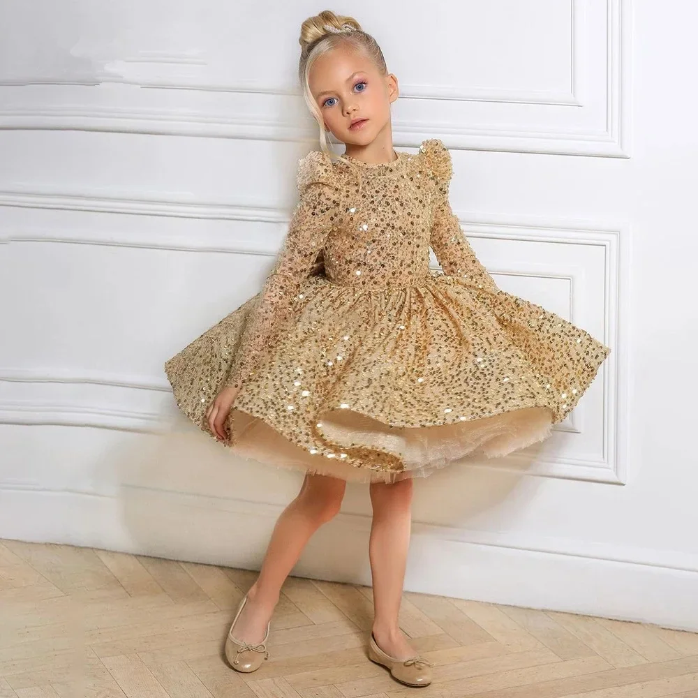Robe demoiselle d'honneur enfants paillettes argentées manches longues tulle luxe mariage communion cadeau ann