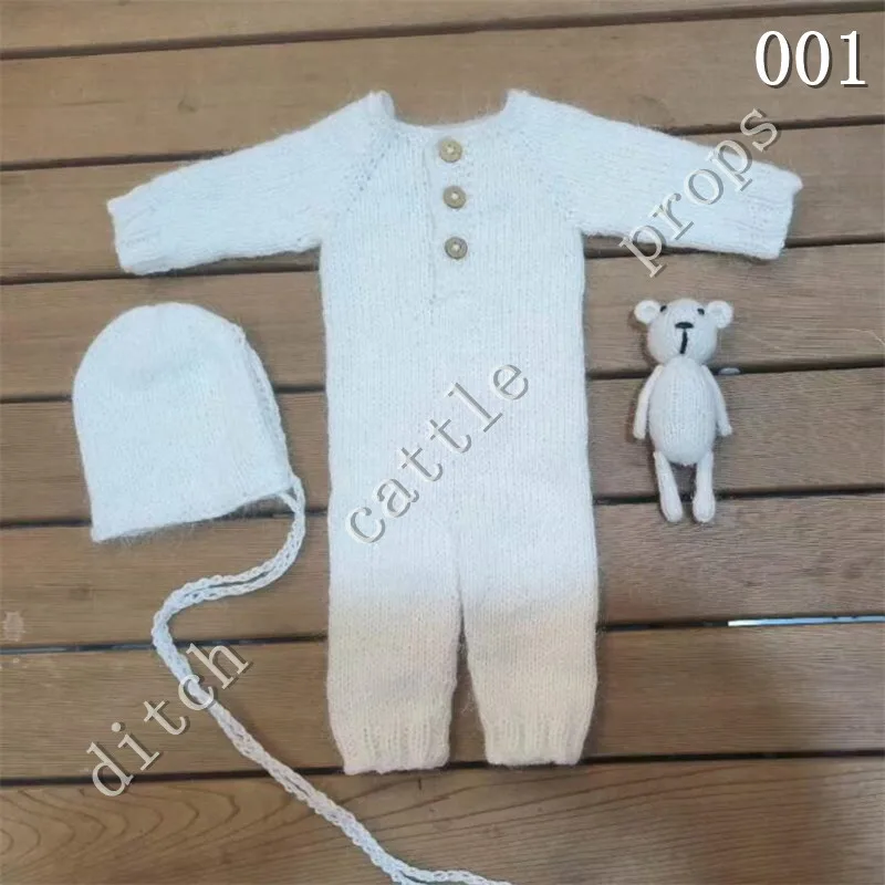 Ensemble photographie nouveauné tricoté grenouillère bonnet peluche ours 3 pièces 03 mois doux idéal cadeau st