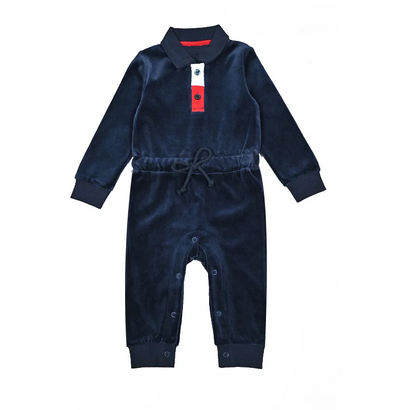 Romper enfants en velours doux ensemble 2 pièces bleu marine accents