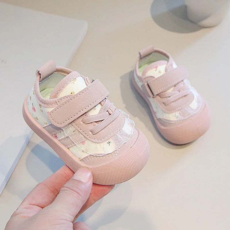Chaussures d'automne à fleurs pour bébé fille baskets souples et confortables premiers pas Velcro rose floral 