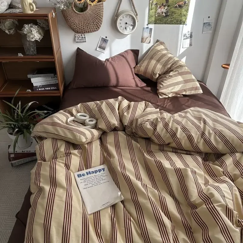 Ensemble de literie minimaliste en coton lavé 4 pièces draps ajustés housse de sport grille café bleu mélange