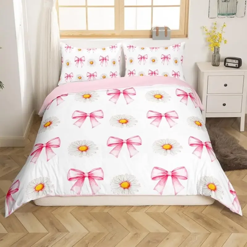 Ensemble literie princesse nœud rose housse couette oreillers enfants