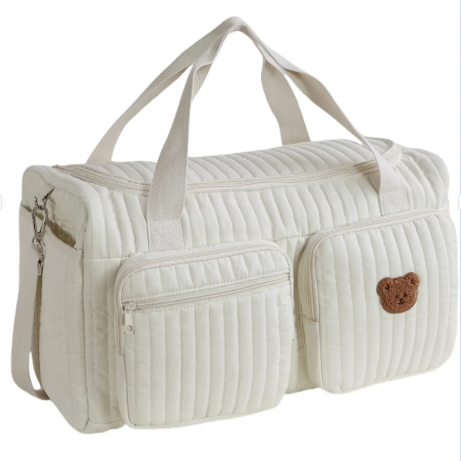 Sac à couches bébé sac fourretout maman design ours mignon tissu matelassé beige fermeture éclair poches zippé