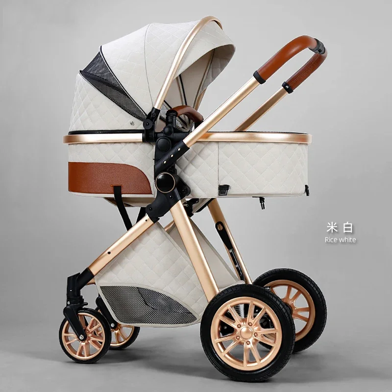 Poussette 2 en 1 bébé landau pram nouveauné maternité tissu matelassé structure métallique dorée design modern