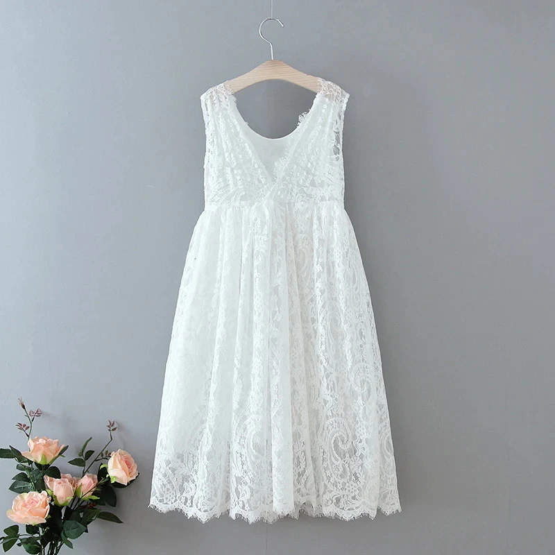 Robe longue en dentelle blanche pour fille style floral Aline sans manches mariage communion anniversaire demo