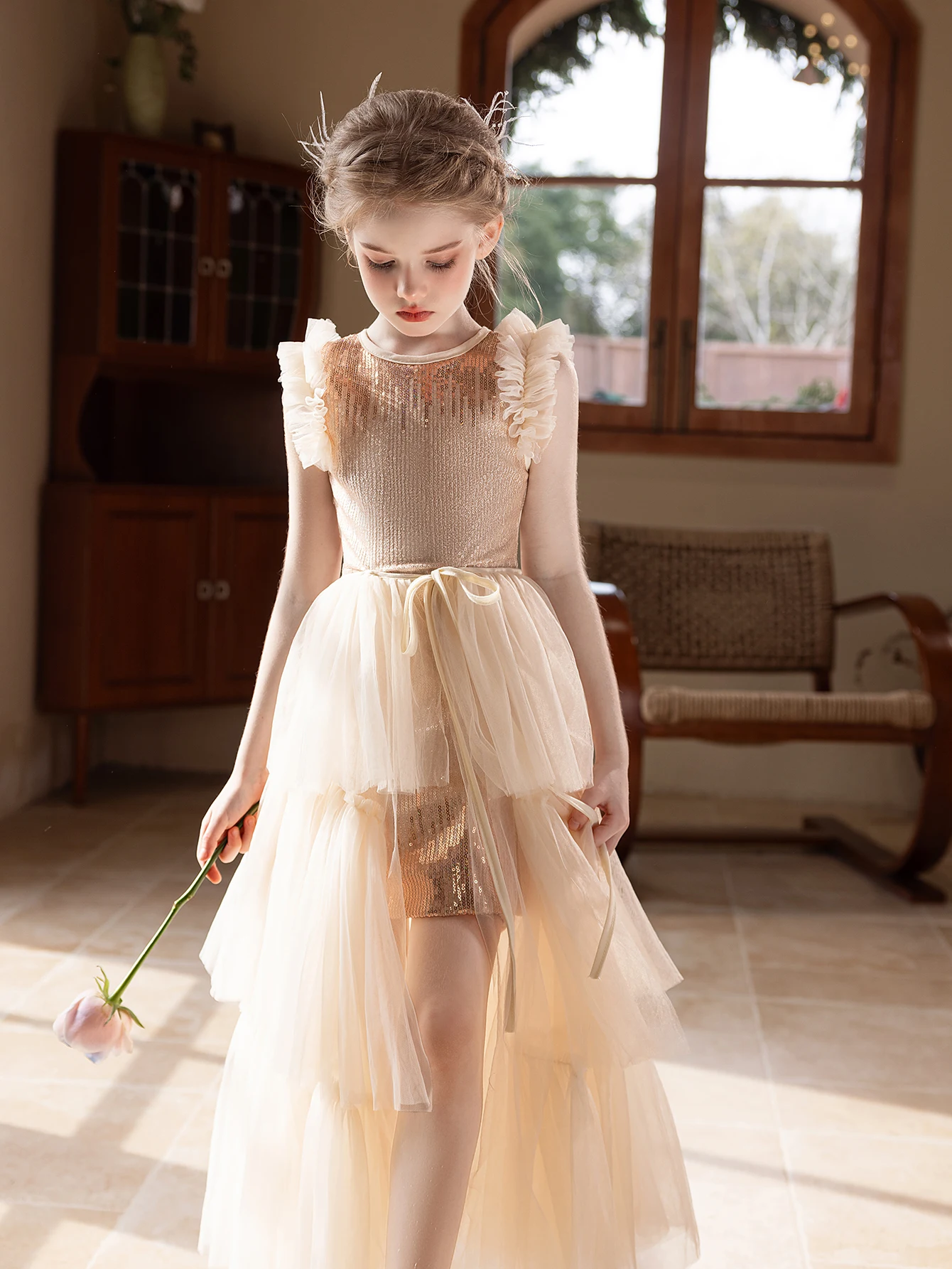Robe de soirée pour filles fleurs champagne haut de gamme anniversaire mariage enfants 713 ans polyester Aline