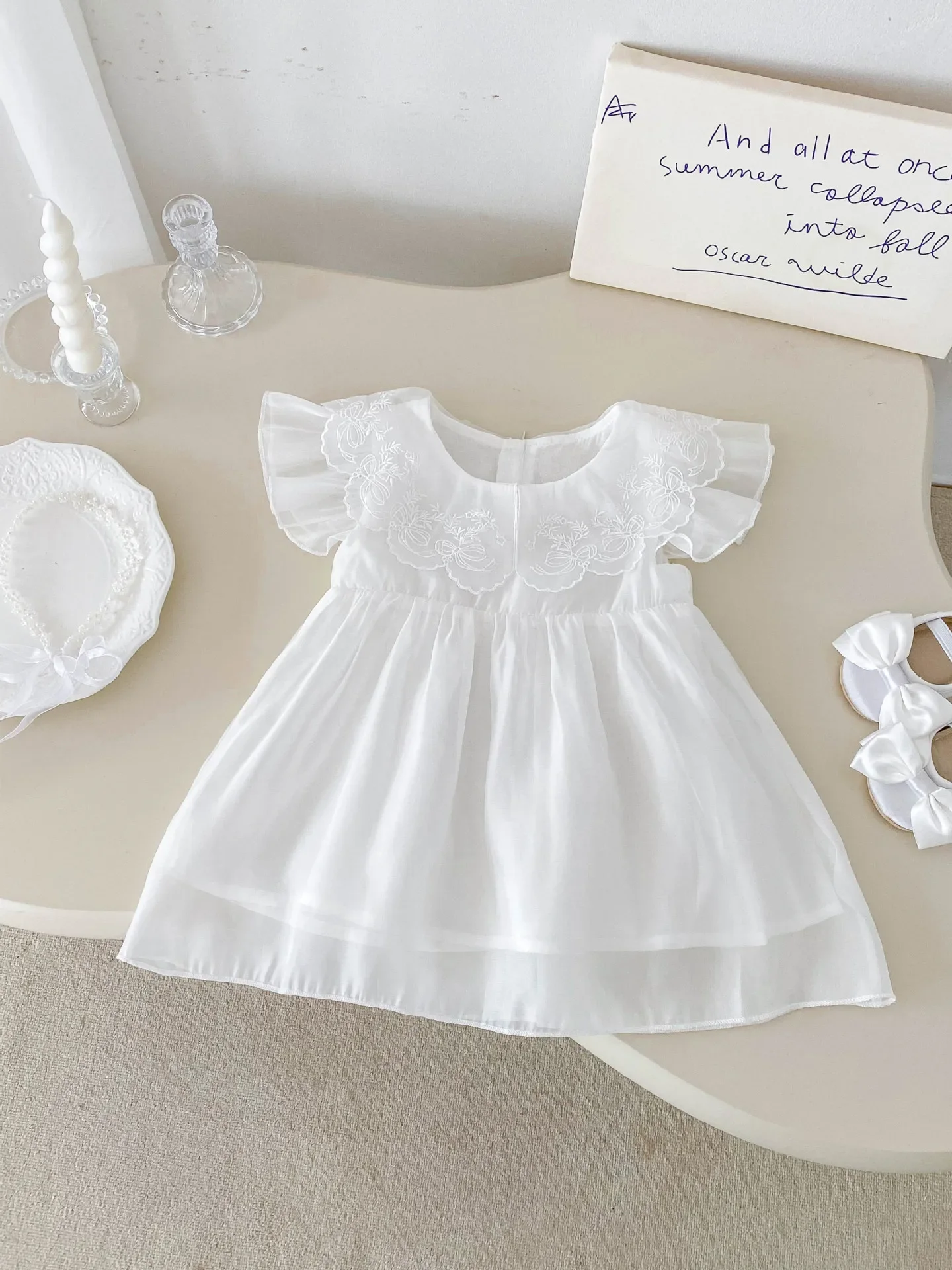 Robe d'été pour bébé fille style princesse en coton manches courtes col brodé blanc 12 ans