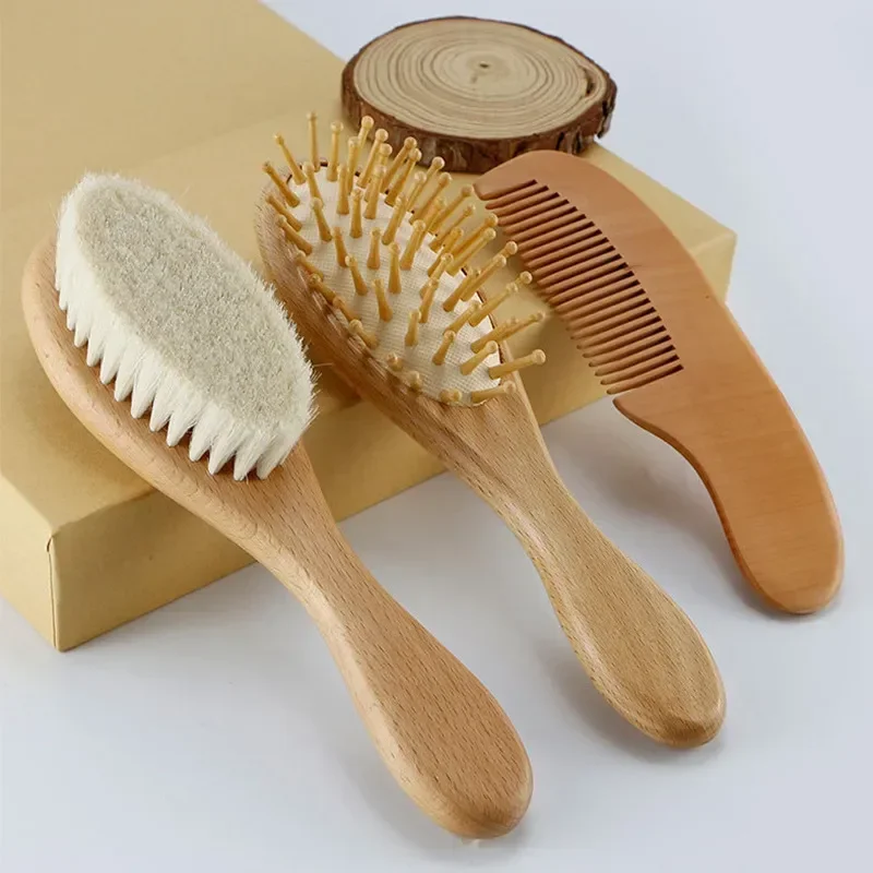 Brosse en bois pour nouveauné peigne en laine naturelle brosse à cheveux pour bébé masseur de tête portable 3 