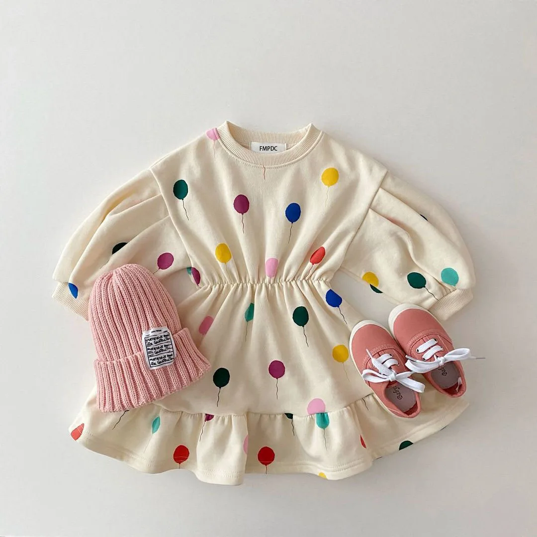 Robe princesse bébé fille printemps automne à volants manches longues coton ballons colorés accessoires inclut