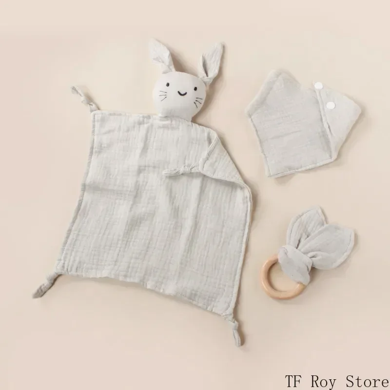 Ensemble de jouets pour bébé doudou lapin anneau de dentition en bois lingette en mousseline 3 pièces gris cla