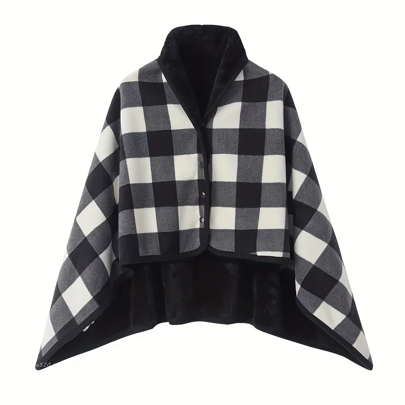 Poncho couverture en fausse fourrure doux chaleureux intérieur design moderne motif à carreaux noir et blanc a