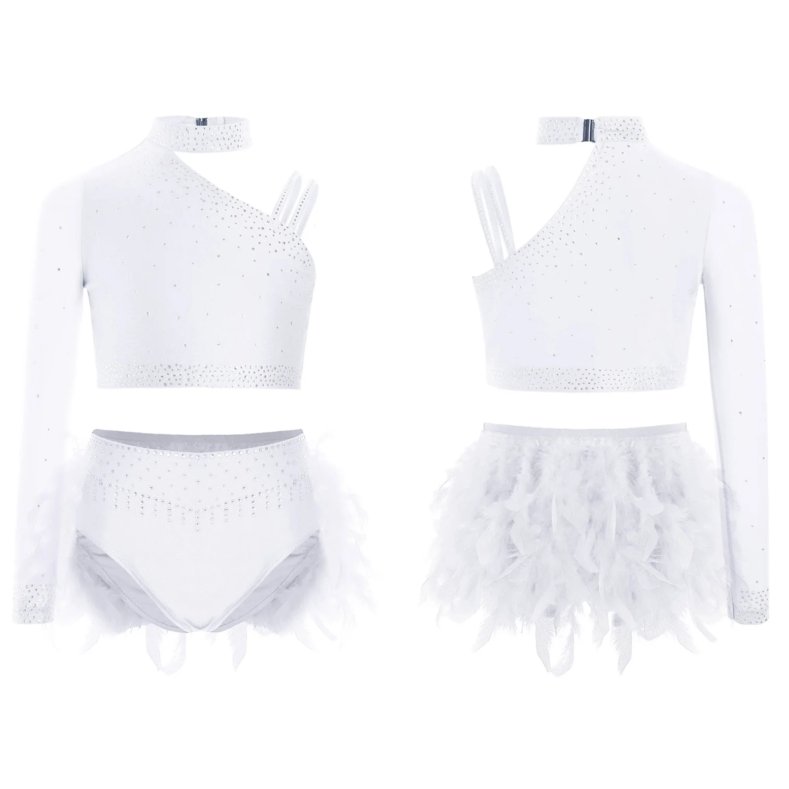 Robe de danse moderne pour filles 2 pièces manches asymétriques strass