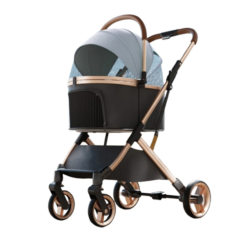 Poussette métallique élégante pour bébé design moderne cadre bronze tissu bleu clair panier de rangement prome
