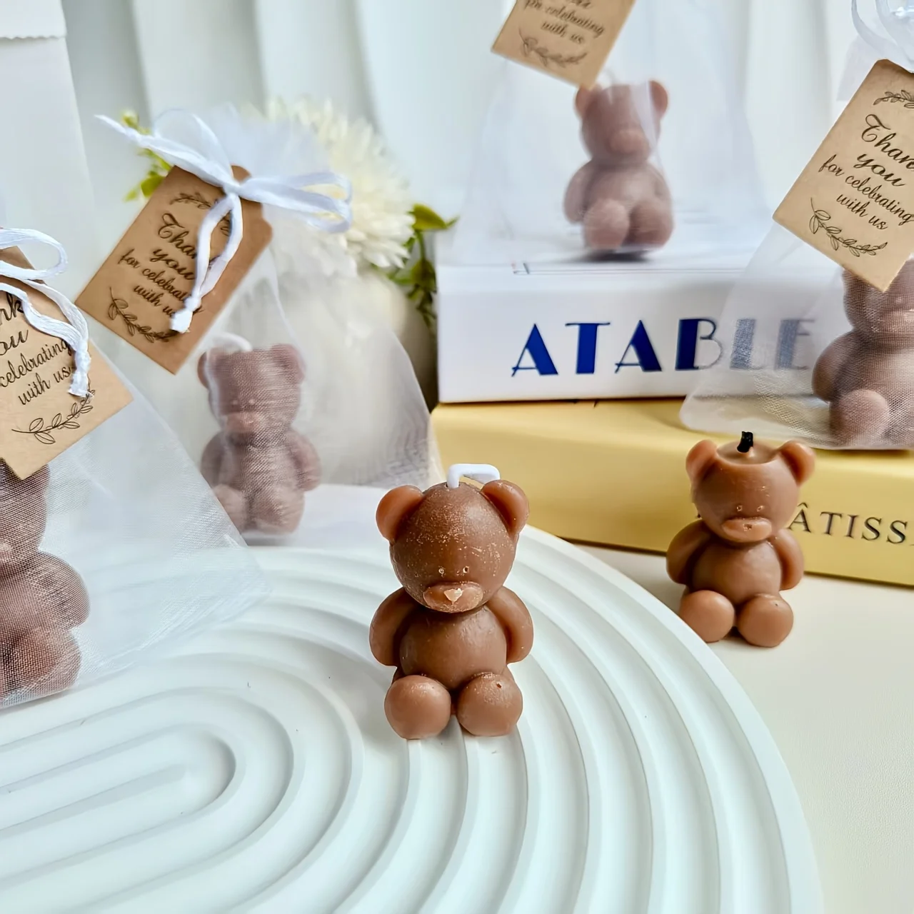 10 ensembles de bougies ours en peluche mini bougies en cire de soja cartes de remerciement sacs en organza ca