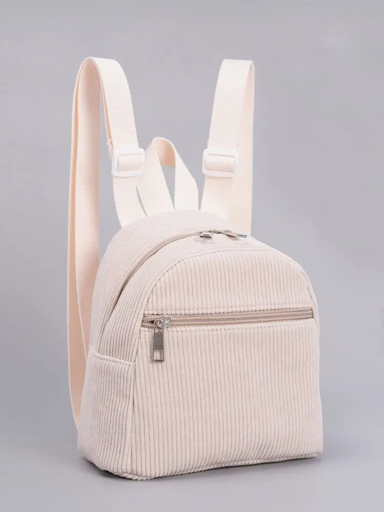 Sac à dos en velours côtelé minimaliste pour enfant usage quotidien style moderne couleur beige ajustable ferm