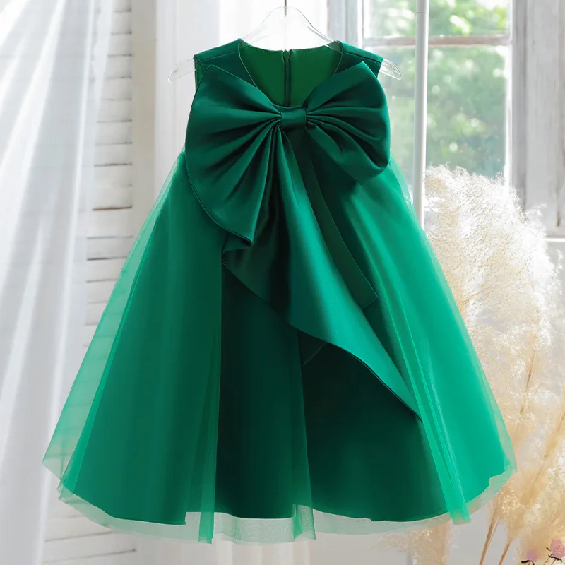 Robe fille en tissu léger style européen évasée nœud central vert émeraude robe de fête mariage baptême 310 an