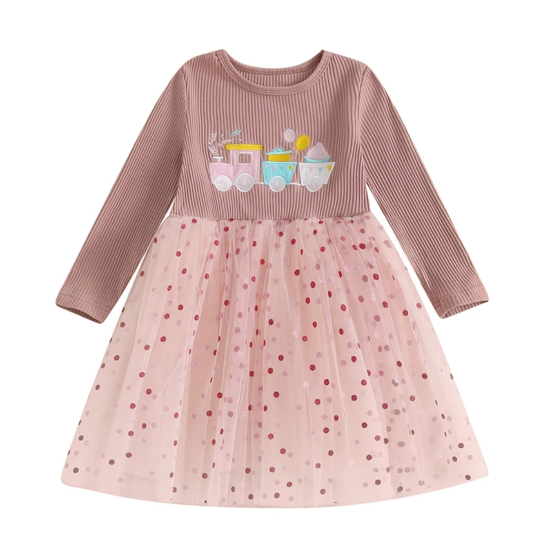 Robe fille manches longues tulle traîne brodée motifs trains pois colorés veste enfant anniversaire déguisemen