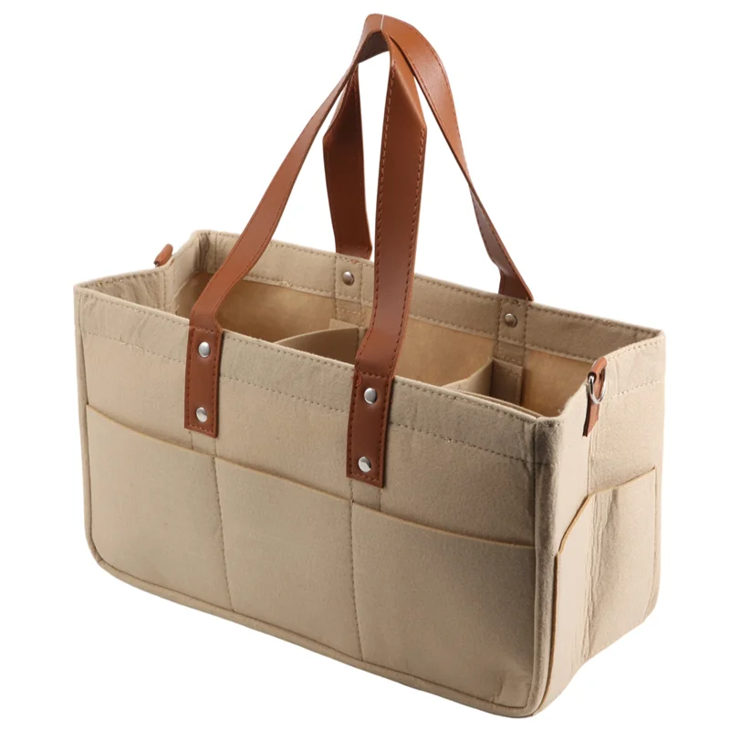 Organisateur de stockage bébé en feutre robuste compartiments multiples poignée en simili cuir beige pour sac 