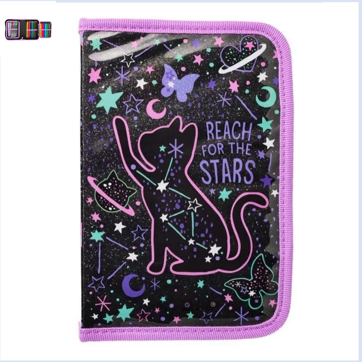 Trousse école chat étoiles Reach for the Stars trousse scolaire étui fourretout élèves primaire collège design