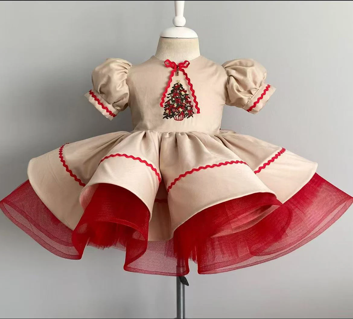 Robe fille Noël broderie sapin vintage tulle rouge occasion fête décontracté anniversaire