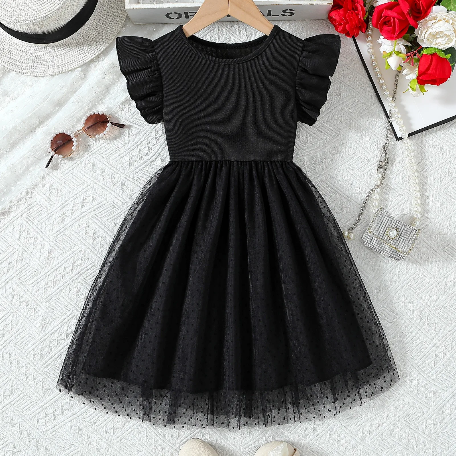 Robe d'été noire à manches courtes pour filles tissu côtelé tulle à