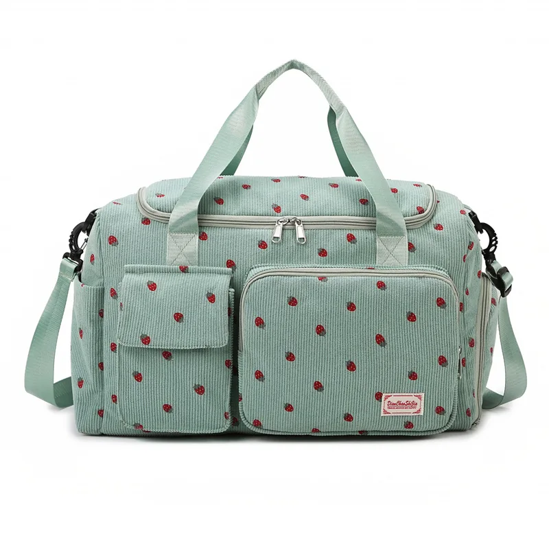 Sac de maternité en velours côtelé grande capacité sac à couches bébé voyage durable design mignon fraise vert