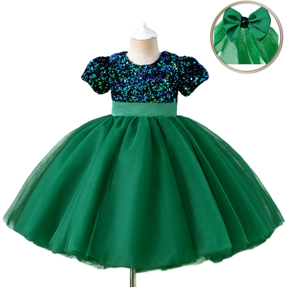 Robe de princesse à paillettes pour enfants tulle sequins vert bleu occasion spéciale fête anniversaire cérémo