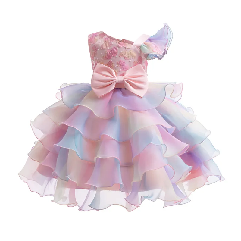 Robe de soirée pour filles arcenciel à volants grand nœud princesse élégante fêtes anniversaire mariage robe f