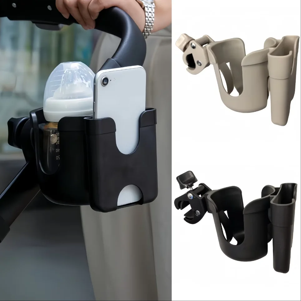 Support multifonctionnel pour poussette portegobelets et téléphone plastique clipon sécurisé design moderne no