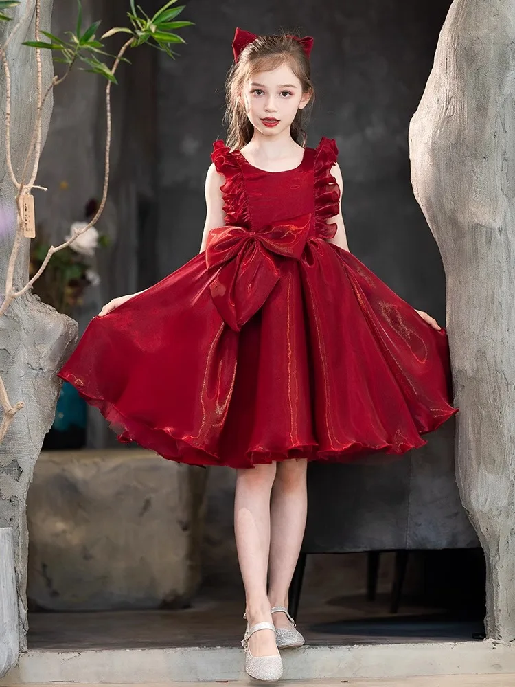 Robe rouge d'anniversaire pour filles juniors robe de bal élégante style nœud papillon vêtements gala enfants