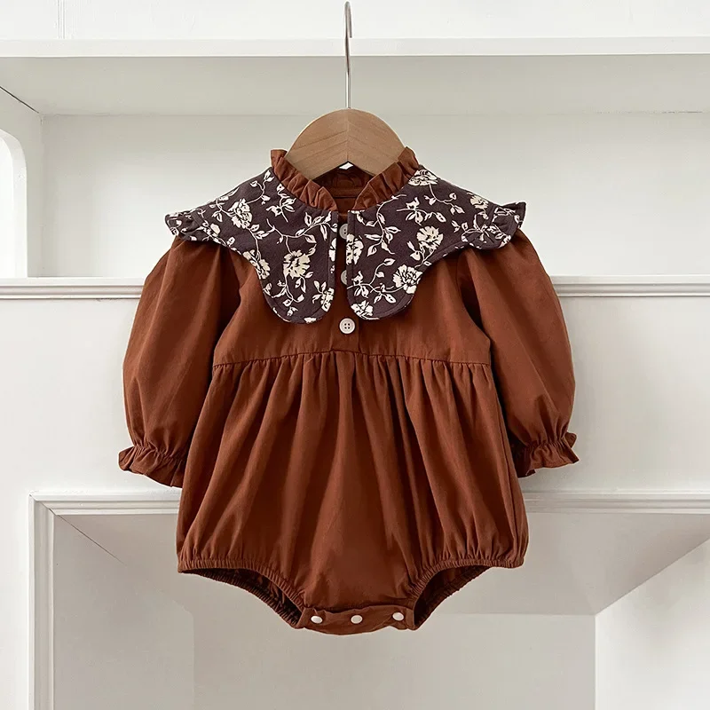 Robe princesse une pièce rétro pour bébé fille coton doux col floral fermeture à boutons style vintage occasio