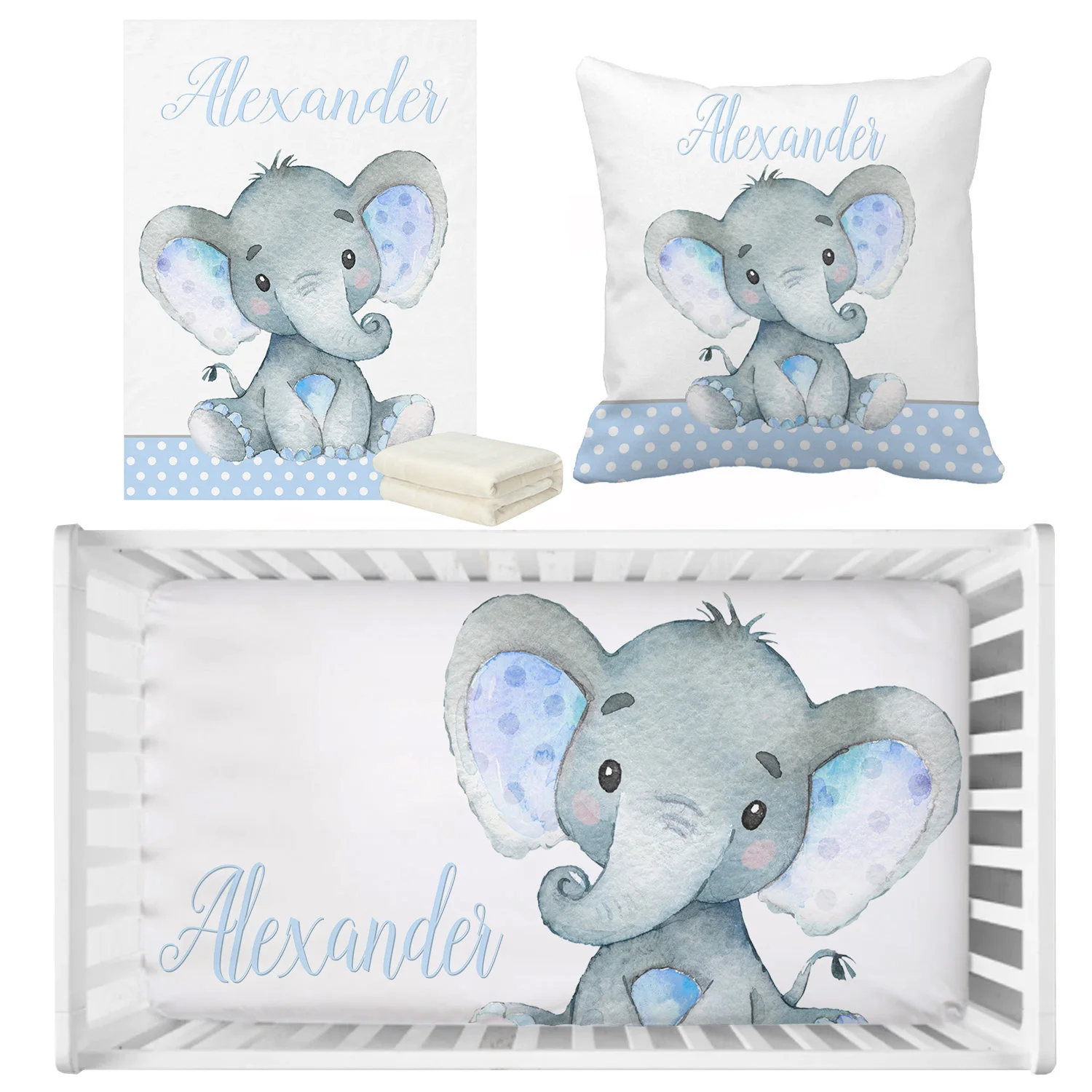 Ensemble de lit bébé garçon nom personnalisé draps housse couverture style éléphant bleu cadeau naissance Anni