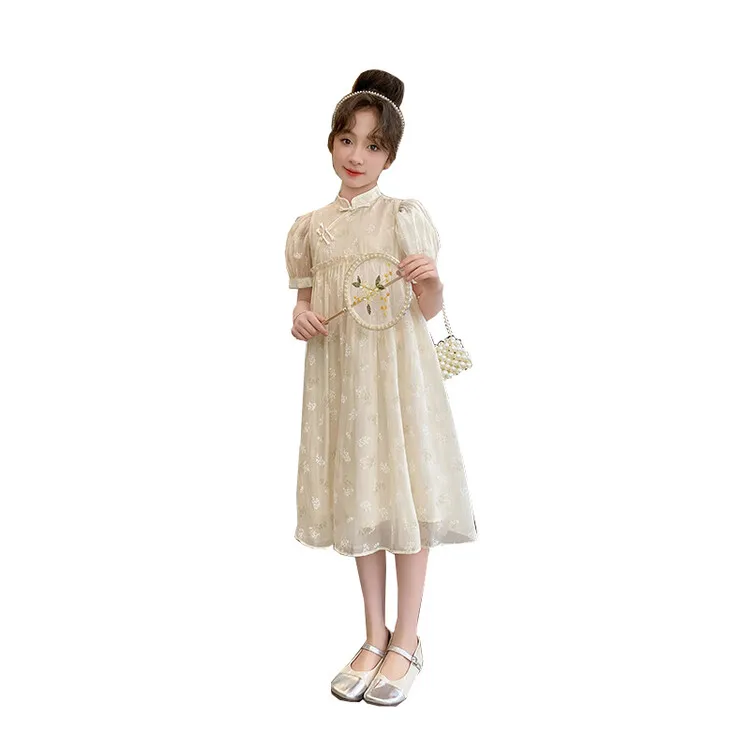Robes à fleurs beiges pour bébés filles tenues d'été en coton à manches