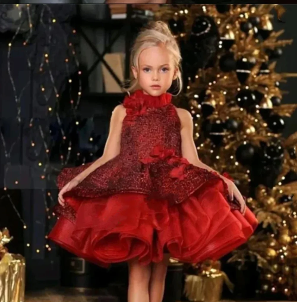 Robe de mariage pour bébé fille robe de communion tissu en tulle décolleté en halter dos nu volants multinivea