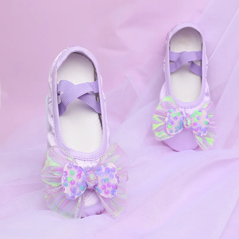Chaussures de ballet enfant fille danse paillettes nœud tulle violet