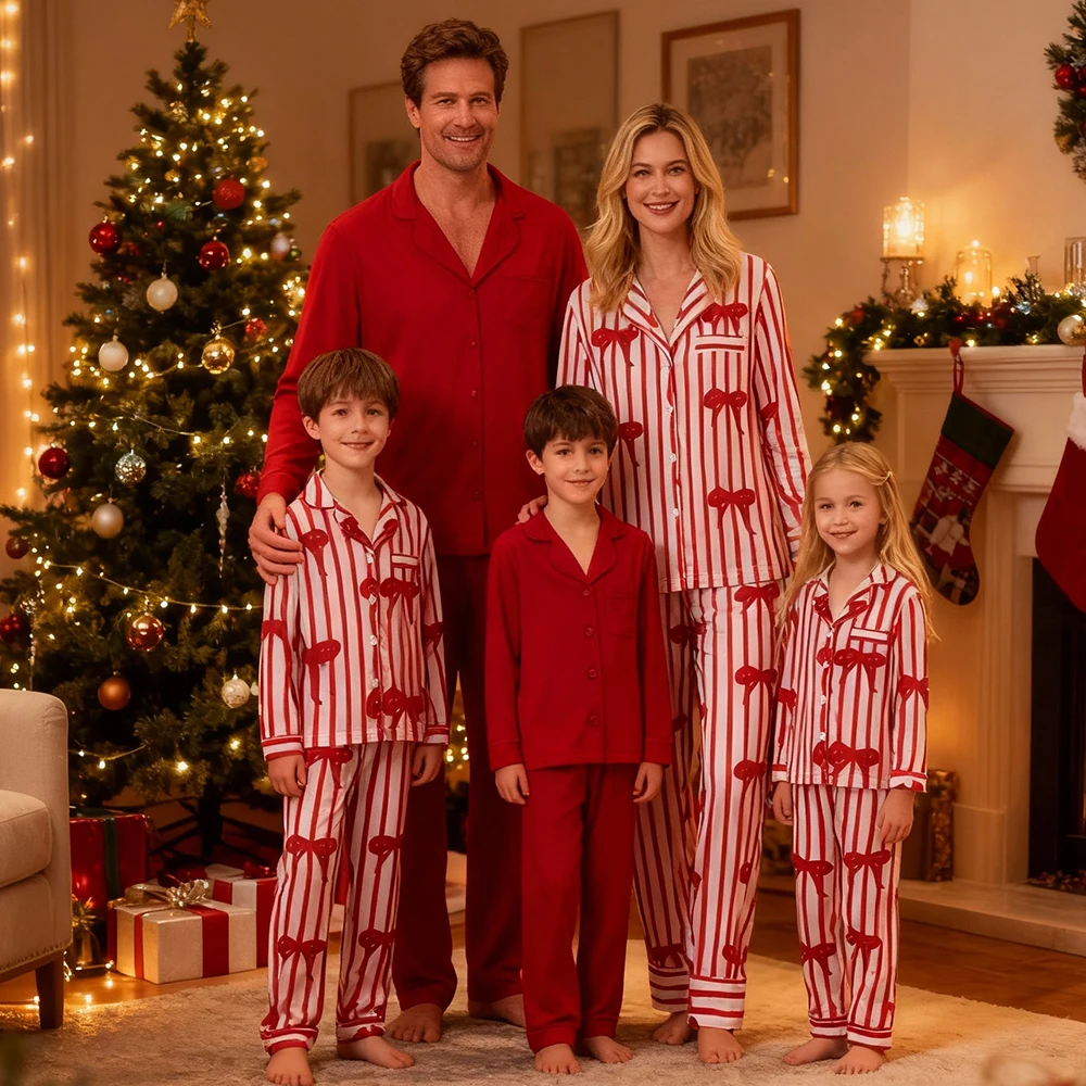 Pyjamas assortis famille maman fille noeud rouge rayé imprimé en satin pyjamas de Noël vêtements de nuit doux